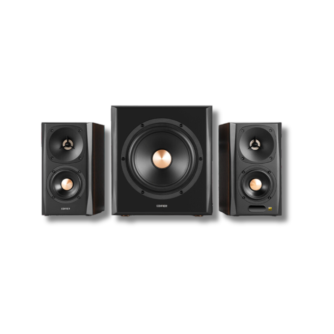 Front view of two black Edifier S350DB speakers flanking an Edifier subwoofer
