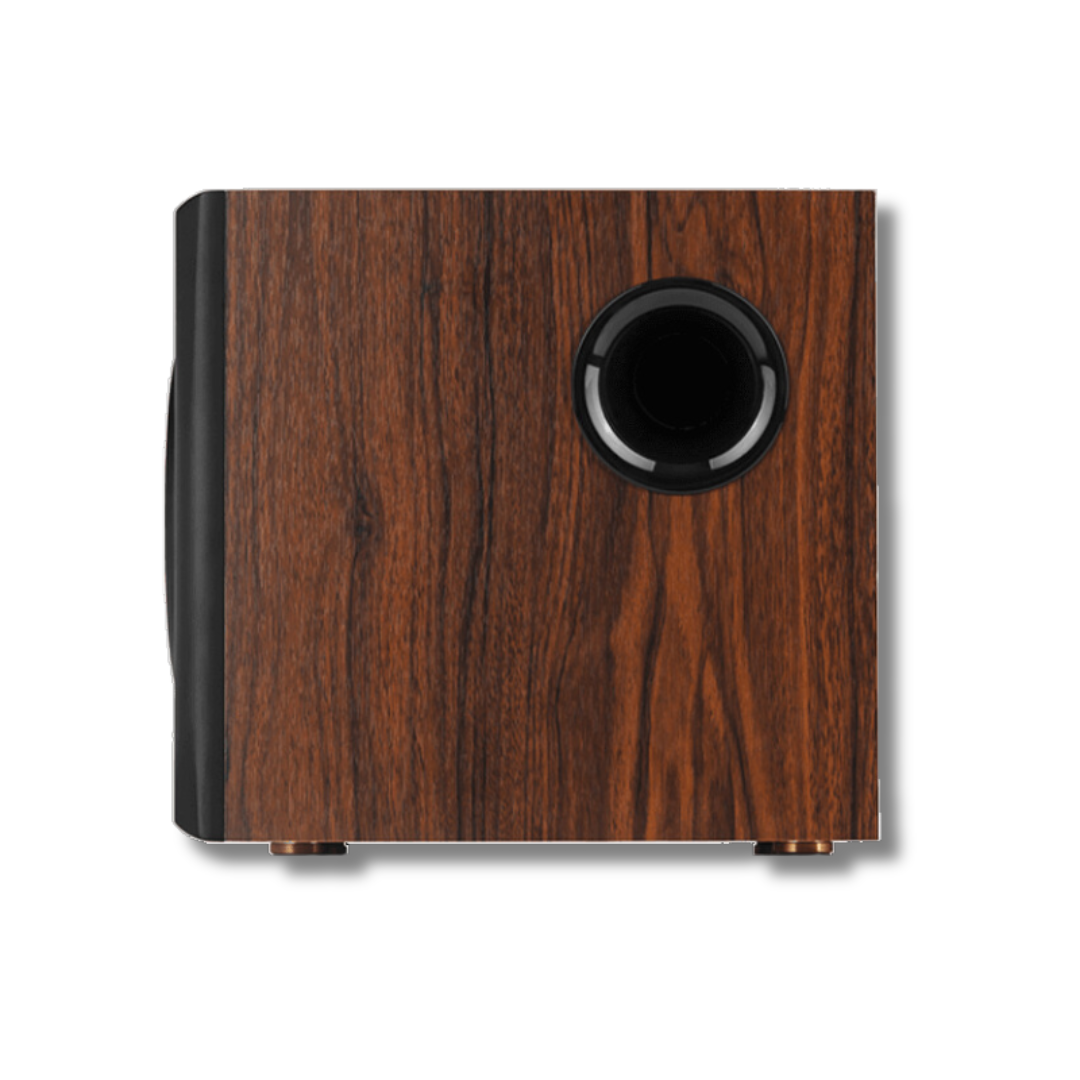 Side view of the brown-wood effect Edifier S360DB subwoofer, emphasizing its sleek side profile.