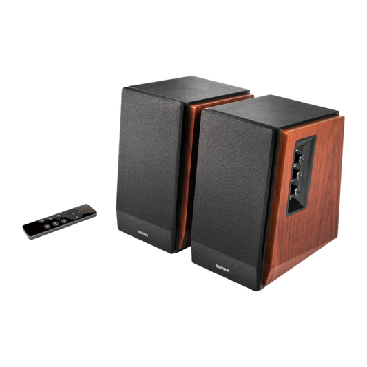 Front view of stylish wood brown Edifier R1700BTs speakers and a sleek grey remote control.