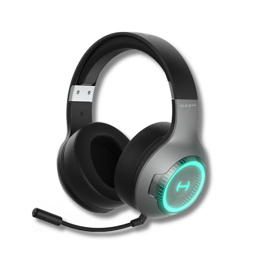 Edifier G33BT headphones with RGB lighting, soft ear pads, and stylish microphone, angled to showcase their design.
