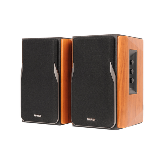Pair of Edifier R1380DB Wood-Effect Brown Speakers - Angled for Aesthetic Display