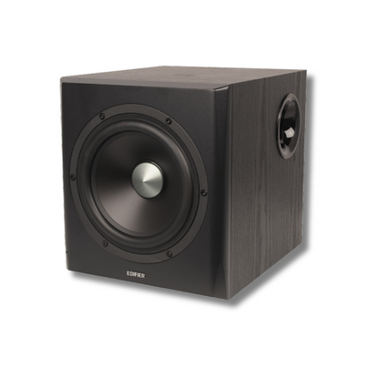 Angled view of the black Edifier subwoofer, showcasing its front and side profile