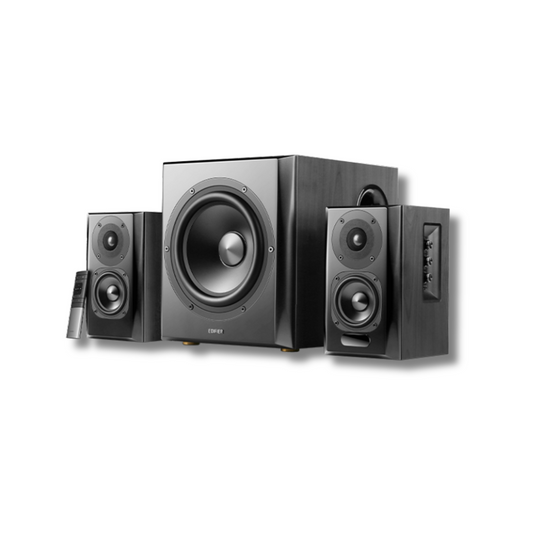 Front view of two black Edifier S351DB speakers flanking an Edifier subwoofer, with a black/grey remote control