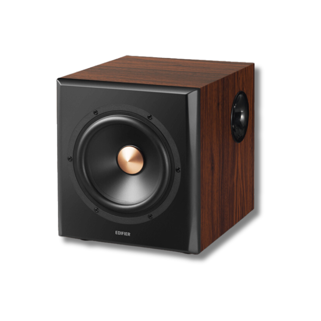 Angled view of the brown-wood effect Edifier S360DB subwoofer, showcasing its front and side to highlight the exceptional sub box quality.