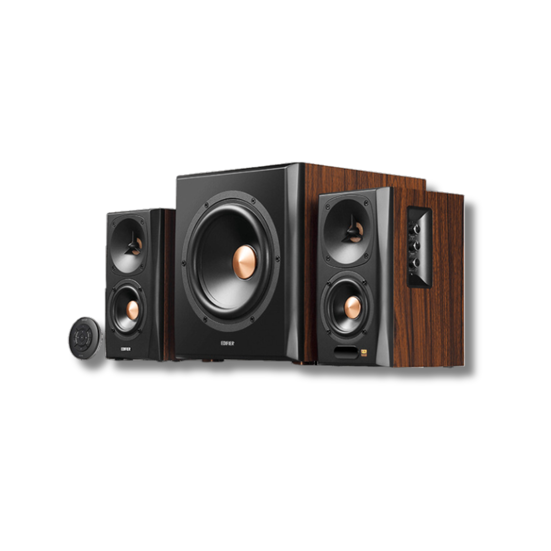 Front view of two brown-wood effect Edifier S360DB speakers with an Edifier subwoofer between them, accompanied by a sleek black cycle-style remote control
