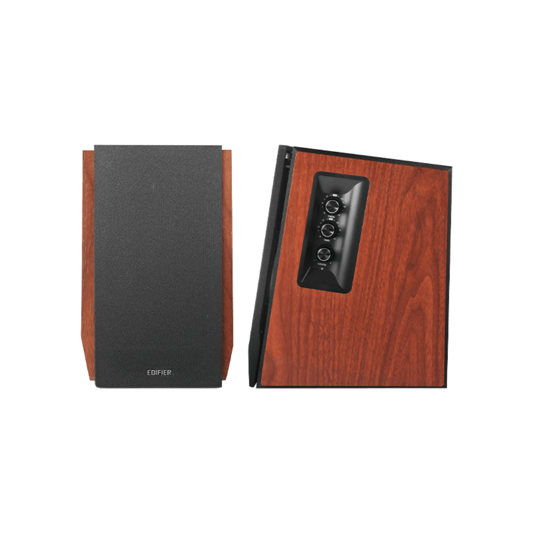 Front view of stylish wood brown Edifier R1700BTs speakers, one showcasing the front, the other revealing the side profile of the speaker.