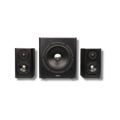 Front view of two black Edifier S351DB speakers flanking an Edifier subwoofer