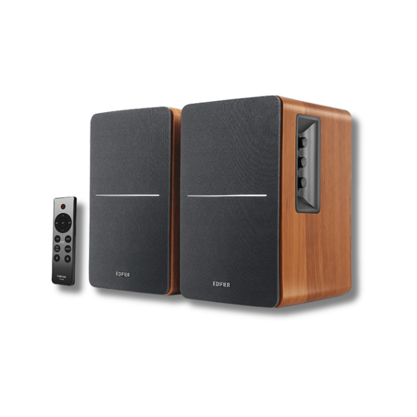 Front view of stylish wood brown Edifier R1280DBs speakers with a sleek grey remote control