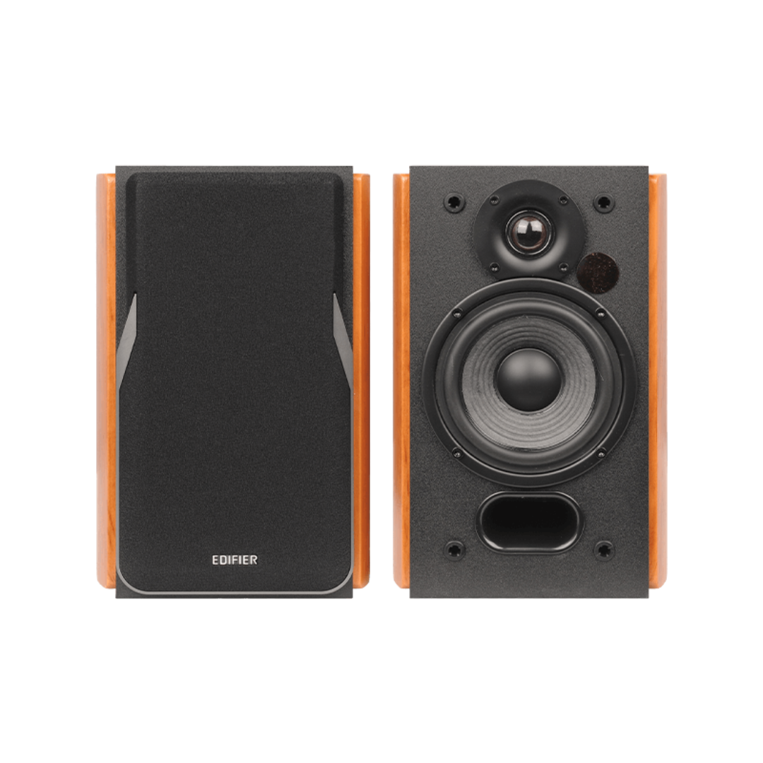 Edifier R1380DB Speakers: One with Mesh Grille and One without, Front View