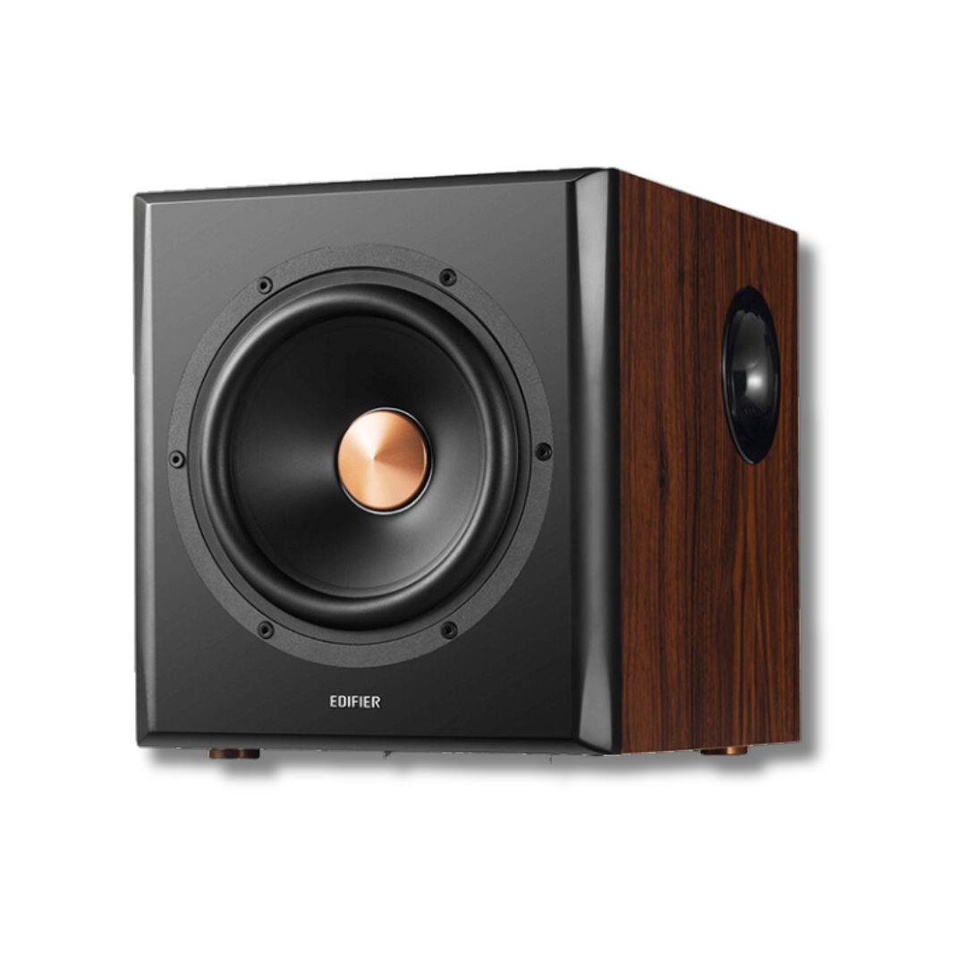 Angled view of the dark wood-effect Edifier S350DB subwoofer, highlighting its front and side profile.