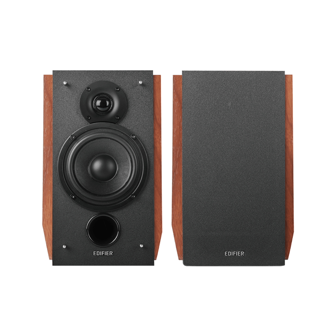 Front view of stylish wood brown Edifier R1700BTs speakers – one featuring a front grill, the other grille-free