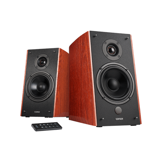 Front view of stylish wood brown Edifier R2000DB speakers with a sleek black remote control.
