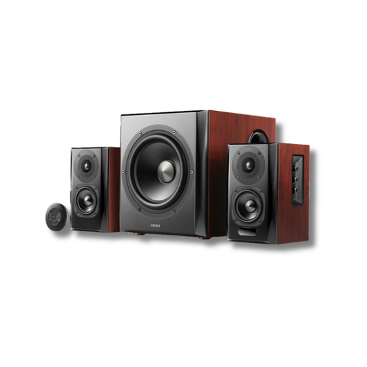 Front view of two dark red wood-effect Edifier S350DB speakers flanking an Edifier subwoofer, with a sleek black cycle-style remote control.