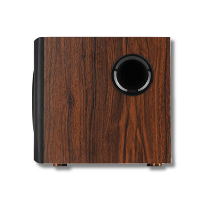 Side view of the brown-wood effect Edifier S360DB subwoofer, emphasizing its sleek side profile.