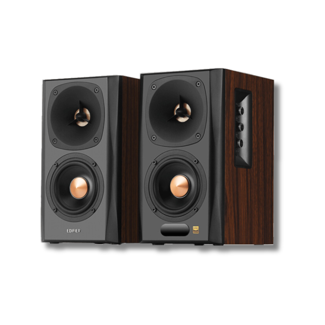 Two brown-wood effect Edifier S360DB speakers, angled to showcase the front and side, revealing volume controls on one of the speakers.