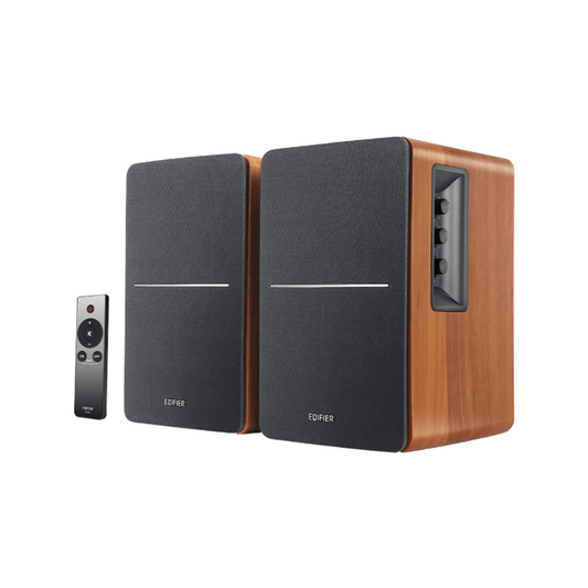 A pair of wood brown Edifier R1280T bookshelf speakers shown with a grey remote control below them.