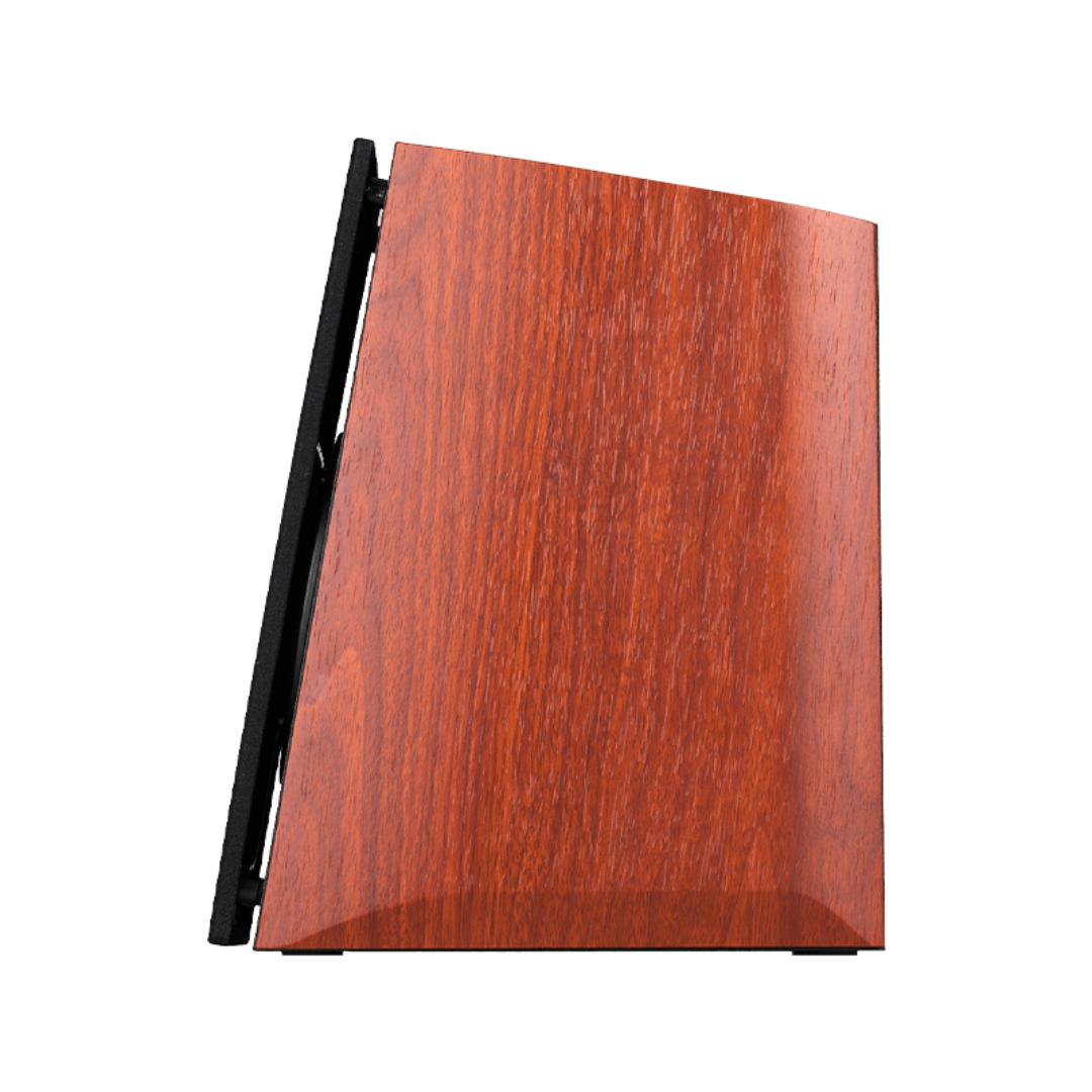 Single side view of a stylish wood-effect brown Edifier R2000DB speaker