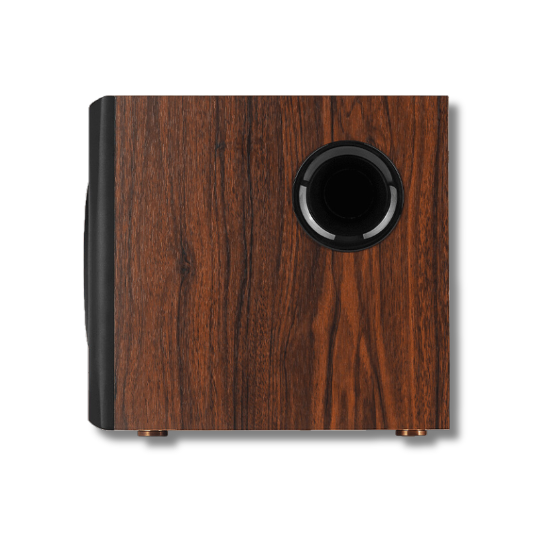 Side view of the dark wood-effect Edifier S350DB subwoofer, showcasing its exquisite design.