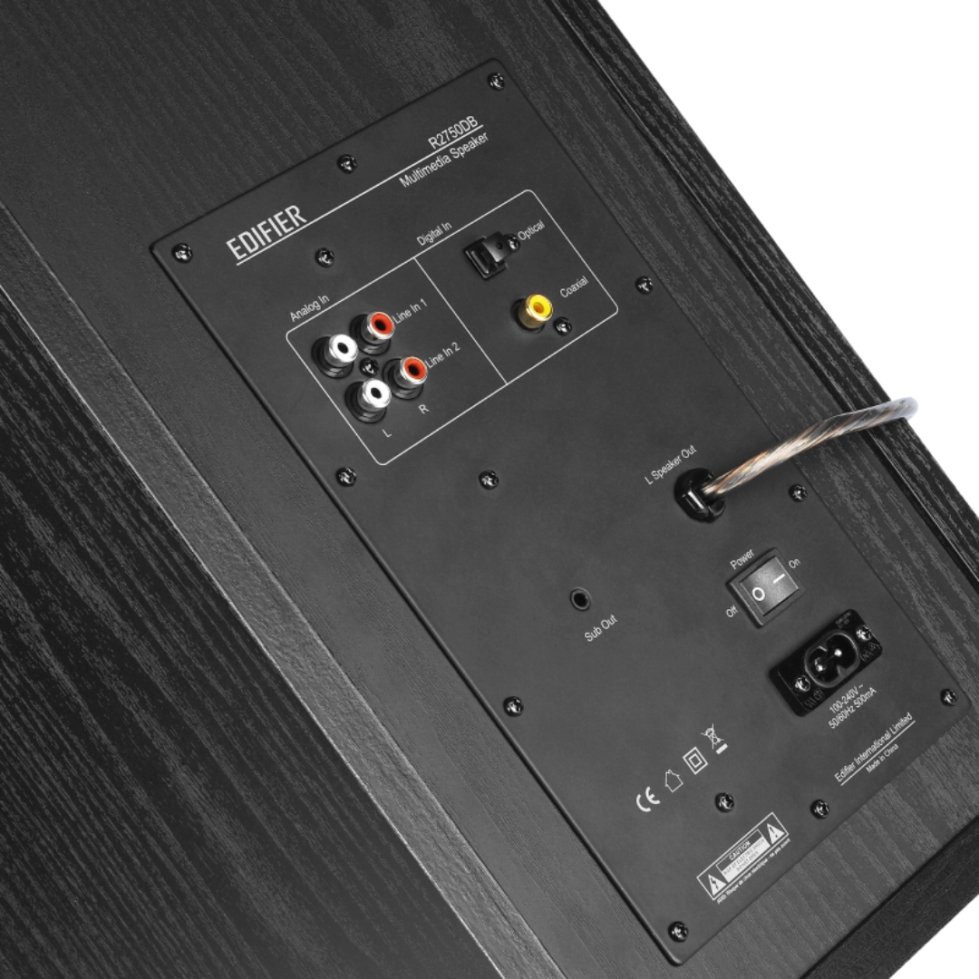 A rear view of an Edifier bookshelf speaker showing the available ports and plugs on the back panel