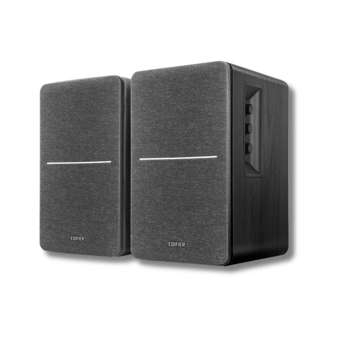 Check out these stylish black Edifier R1280DBs speakers from the front view!