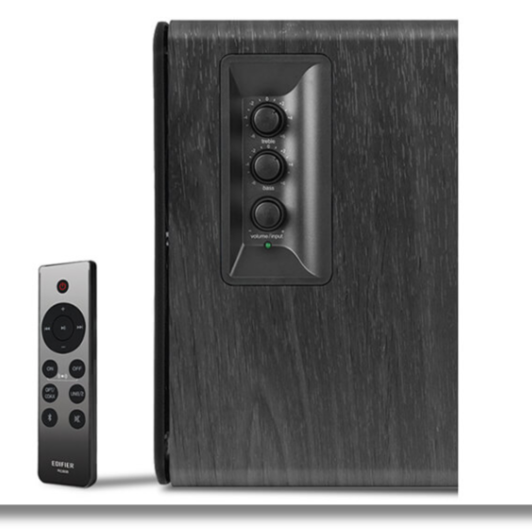 Behold, a single black Edifier R1280DBs with its trusty grey remote. See the side speaker with volume controls – power at your fingertips!