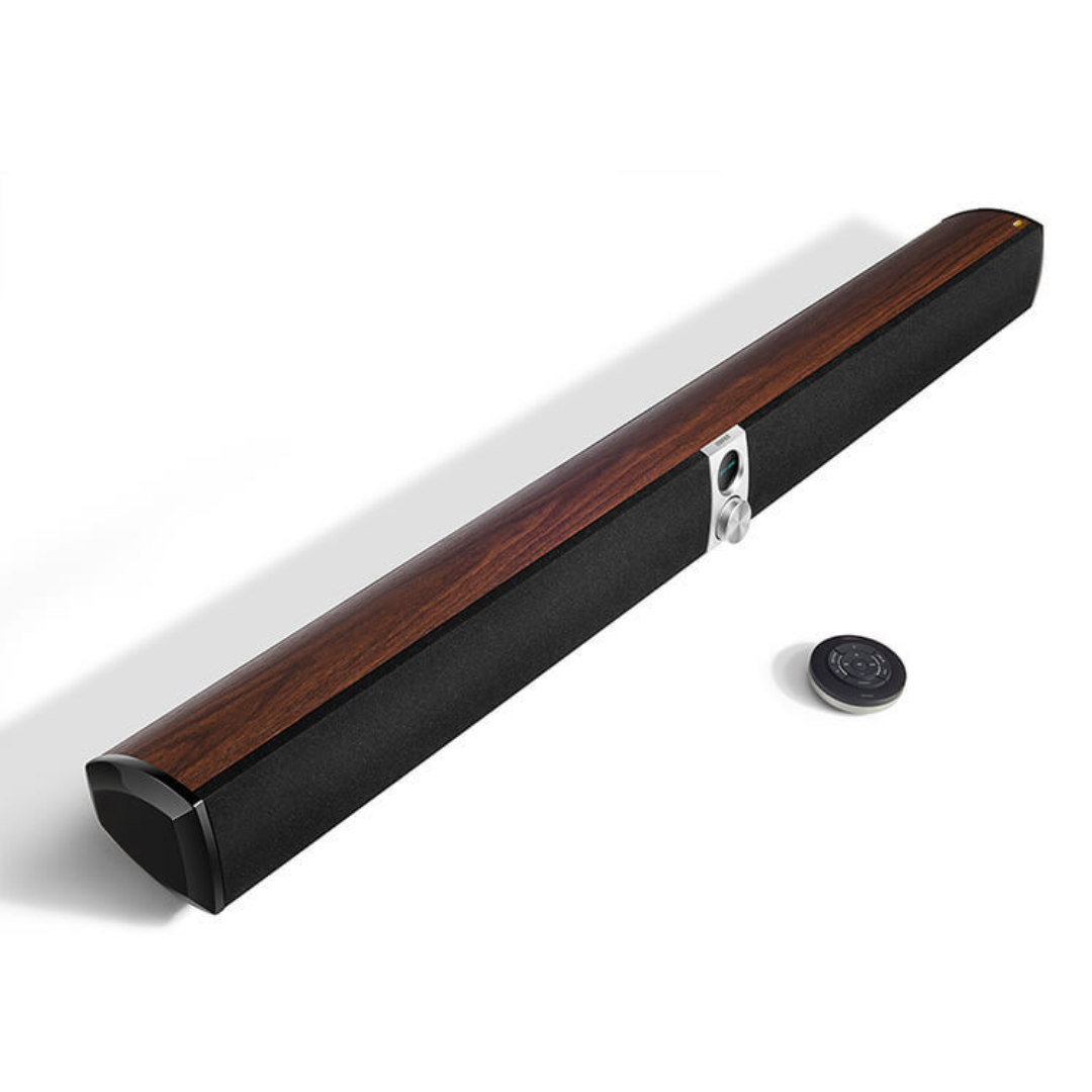 Top view showcasing the elegant design of Edifier S70DB Soundbar and the remote control.