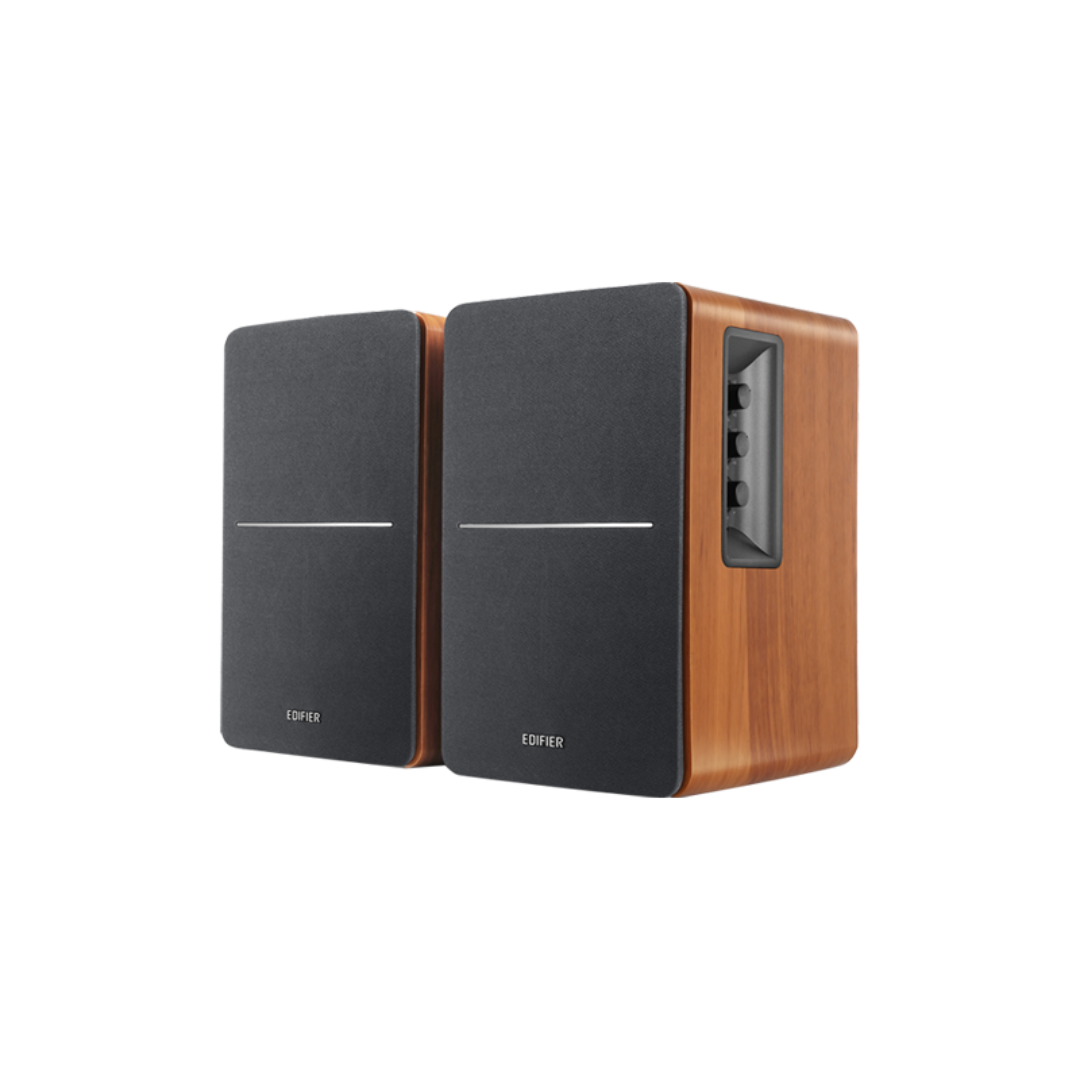 Two Edifier R1280Ts speakers are elegantly displayed in a wood brown color